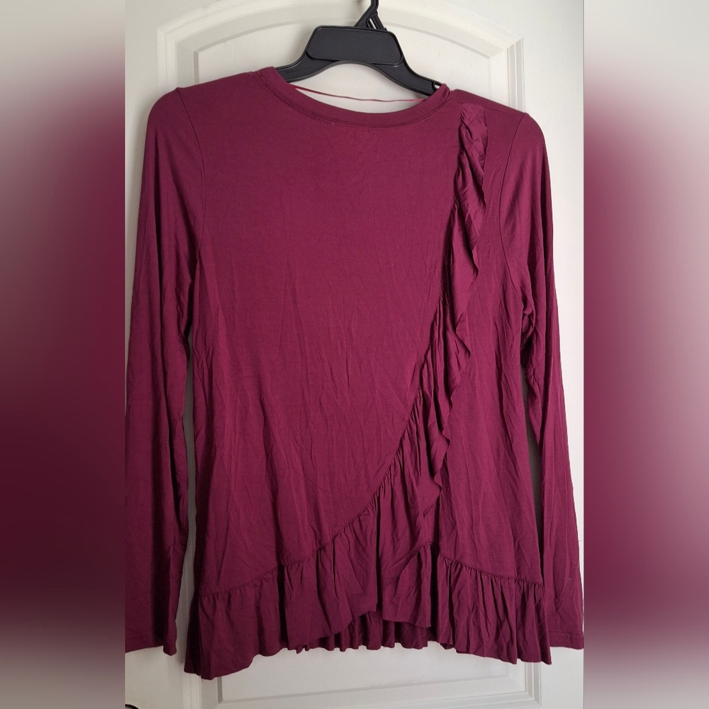 Kori America Women's Long Sleeve Ruffle Hem Top Burgundy‎ Sz S Boho Fairycore